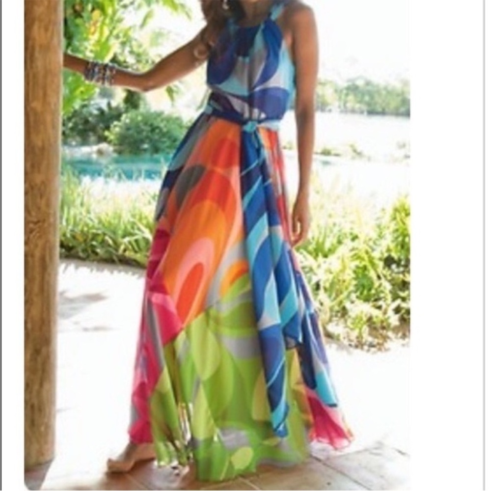 Soft Surroundings XL Carnivale Rainbow Maxi Flowy Cruise Travel Colorful Dress